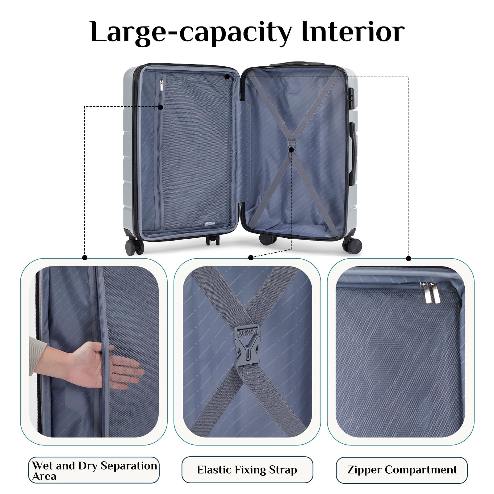 Kelno Carry On Luggage with Spinner Wheels ABS Hard Shell Suitcase Expandable Rolling Luggage with TSA Lock, Light Gray
