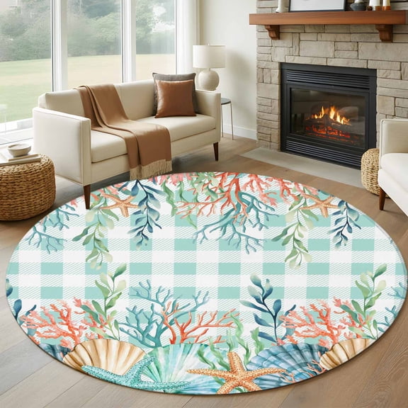 Round Rugs 7Ft, Summer Coastal Round Area Rug Washable Indoor Throw Carpet, Watercolor Corals Shells Starfish Green Plaid Large Non Slip Circle Rug for Dining Room Playroom Home Decor Aesthetic