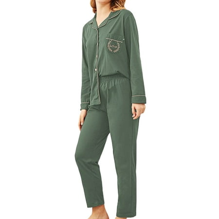 

Avamo Ladies Sleepwear Button Down Pajamas Sets Pocket Nightwear Night Casual Lounge Set Baggy Lapel Neck Green L