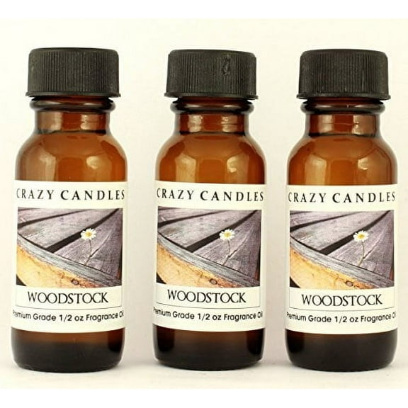 woodstock 3 bottles 1/2 fl oz each (15ml) premium grade scented fragrance oil by crazy candles (patchouli, sandalwood, musk and bergamot)