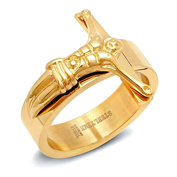 Stainless Steel Yellow Mens Crucifix Comfort-fit Religious Band Ring Size 10 Wedding Band for Men