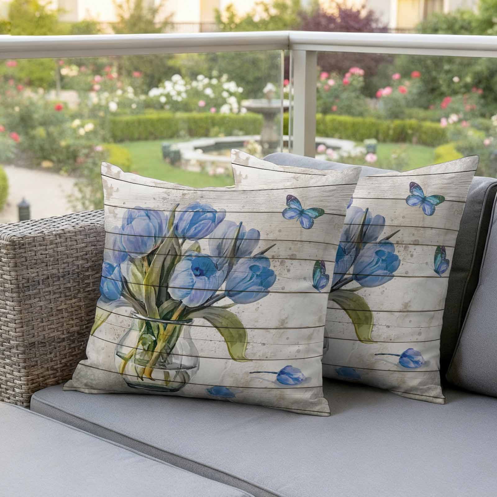 Blue Tulip Outdoor Waterproof Pillow Covers, Vintage Spring Floral Retro Art Butterfly Wooden Decorative Square Throw Pillowcase Sofa Cushion Sham for Patio/Couch/Chair, 20"x20" 2 Pack