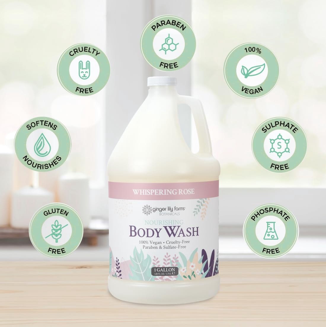 Ginger Lily Farms Botanicals Nourishing Body Wash, 100% Vegan & Cruelty-Free, Whispering Rose Scent, 1 Gallon (128 fl oz) Refill