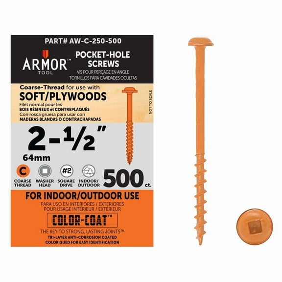 Armor Tool 2-1/2" Coarse Thread Pocket Hole Screws with Color Coat Technology for Indoor/Outdoor Use (500 Count)