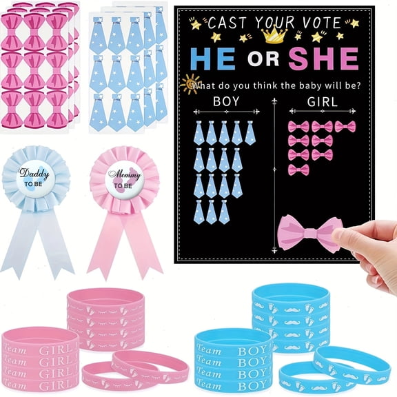 77PCS Gender Reveal Party Decorations, Boy Or Girl Voting Game Kit With 54 Stickers, 20 Wristbands, 2 Dad & Mom To Be Badges, Display Board, Pink And Blue Theme, Gender Reveal Ideas Voting Use