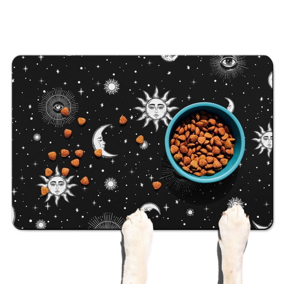 Steampunk Moon and Sun Pet Placemat - Absorbent Dog Bowl Mat, Mystical Design, Easy to Clean, 18x12 Inches