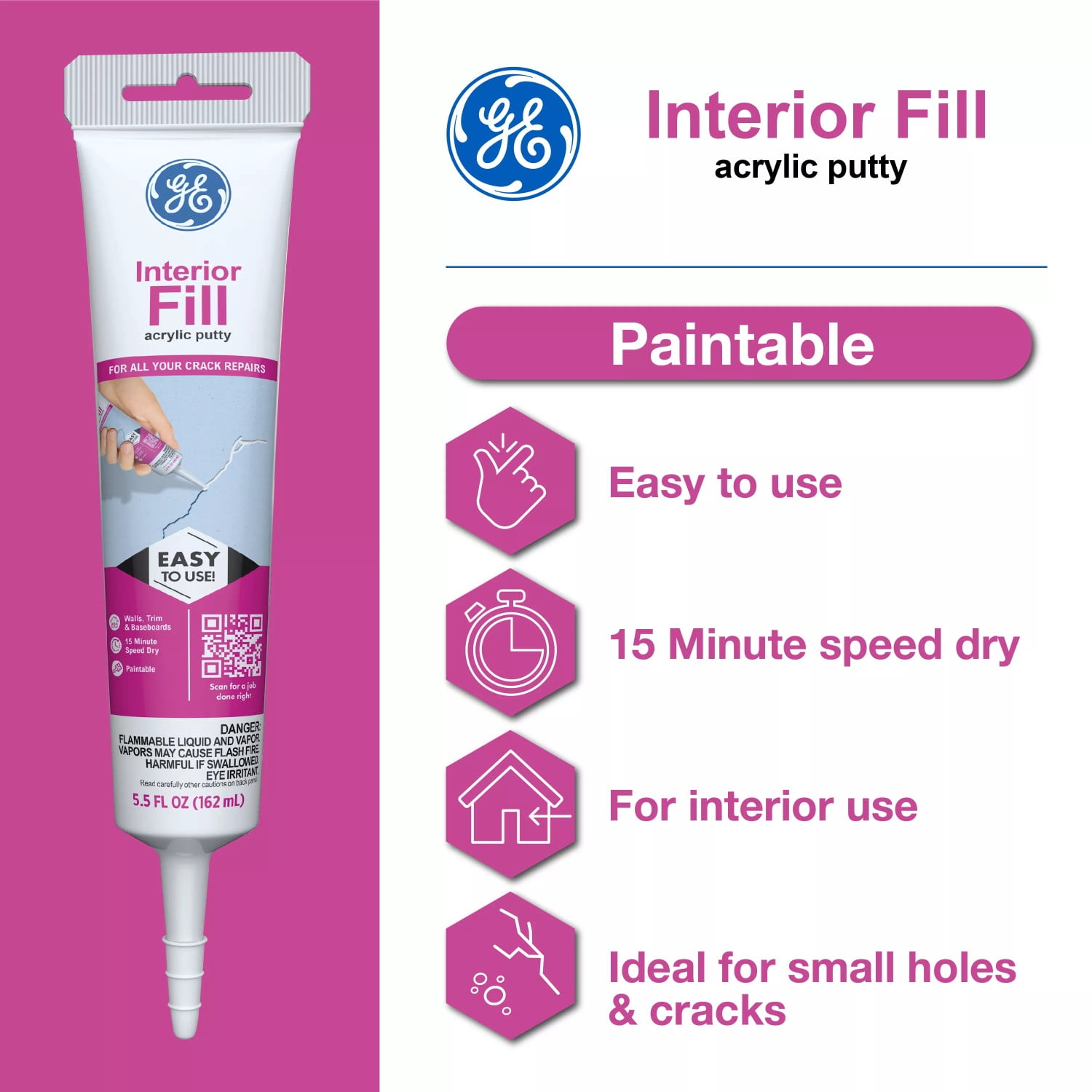 (8 pack) GE Interior Fill Wall Repair, Pack of 1, White 5.5 oz Tube