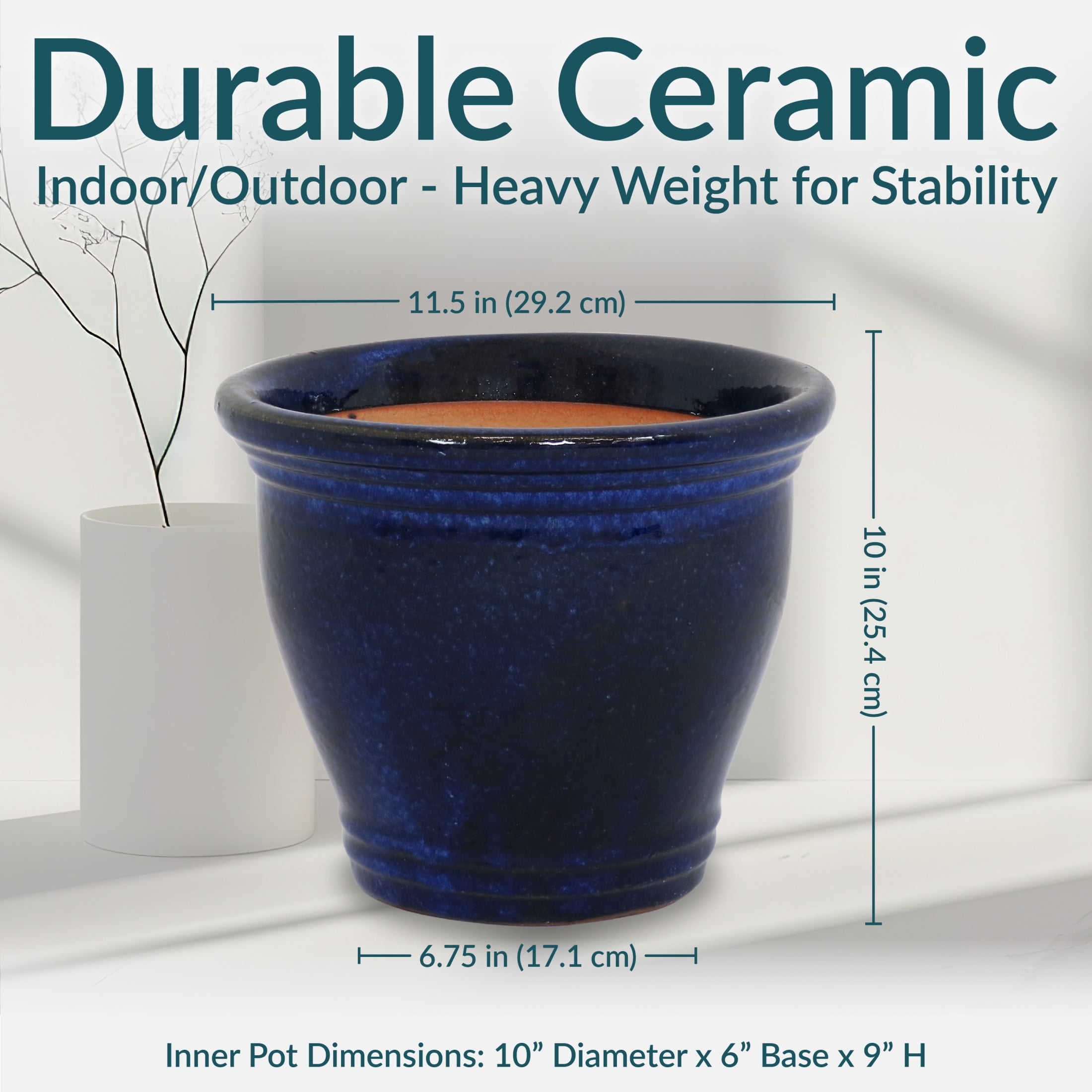 Sunnydaze Studio 11.5" x 11.5" x 10" Round Imperial Blue Ceramic Outdoor Planter 2-Count
