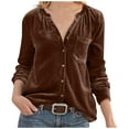 thumbnail image 2 of Spring Tops for Women Homenesgenics Clothes under $5.00 Women's Solid V-Neck Retro Gold Velvet Pocket Shirt Long Sleeved Top/Brown XL, 2 of 5