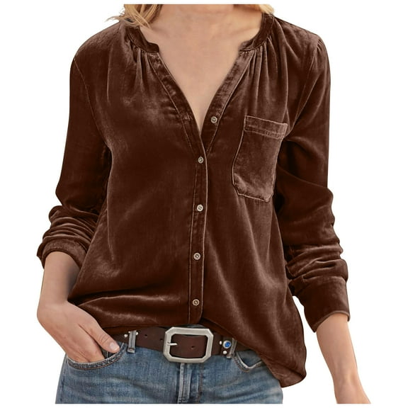 RYRJJ Womens Velvet Button Down Shirts Elegant V Neck Long Sleeve Shirt Dressy Casual Blouses Velour Tops with Pocket(Brown,S)