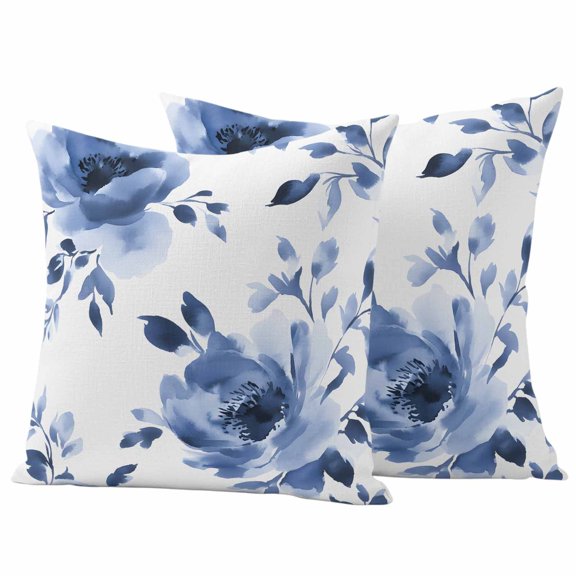Blue Floral Spring Outdoor Pillow Covers 20"x20" Set of 2,Waterproof Throw Pillow Covers for Patio Furniture,Vintage Summer Botanical Watercolor Decorative Cushion Pillowcases for Garden Couch Sofa