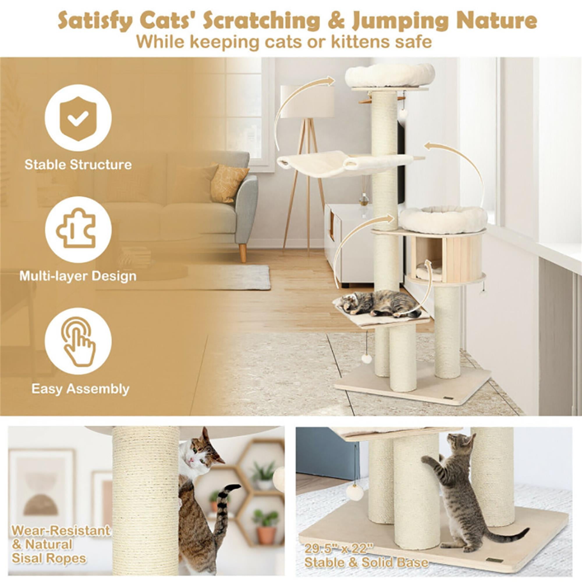 Kadyn 68" Wood Cat Tree Tower for Indoor Cats, Multi-Level Cat Condo with Scratching Posts, Perch, Washable Removable Cushions, Cat Furniture, Beige