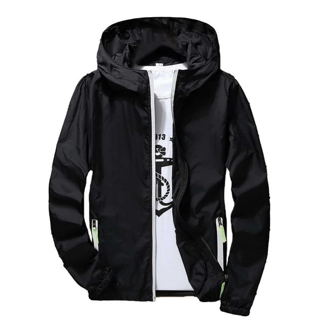 Men's Casual Hooded Sport Coat Reflective Zipper Outdoor Jacket Pure Color Plus Size Lightweight Windbreaker
