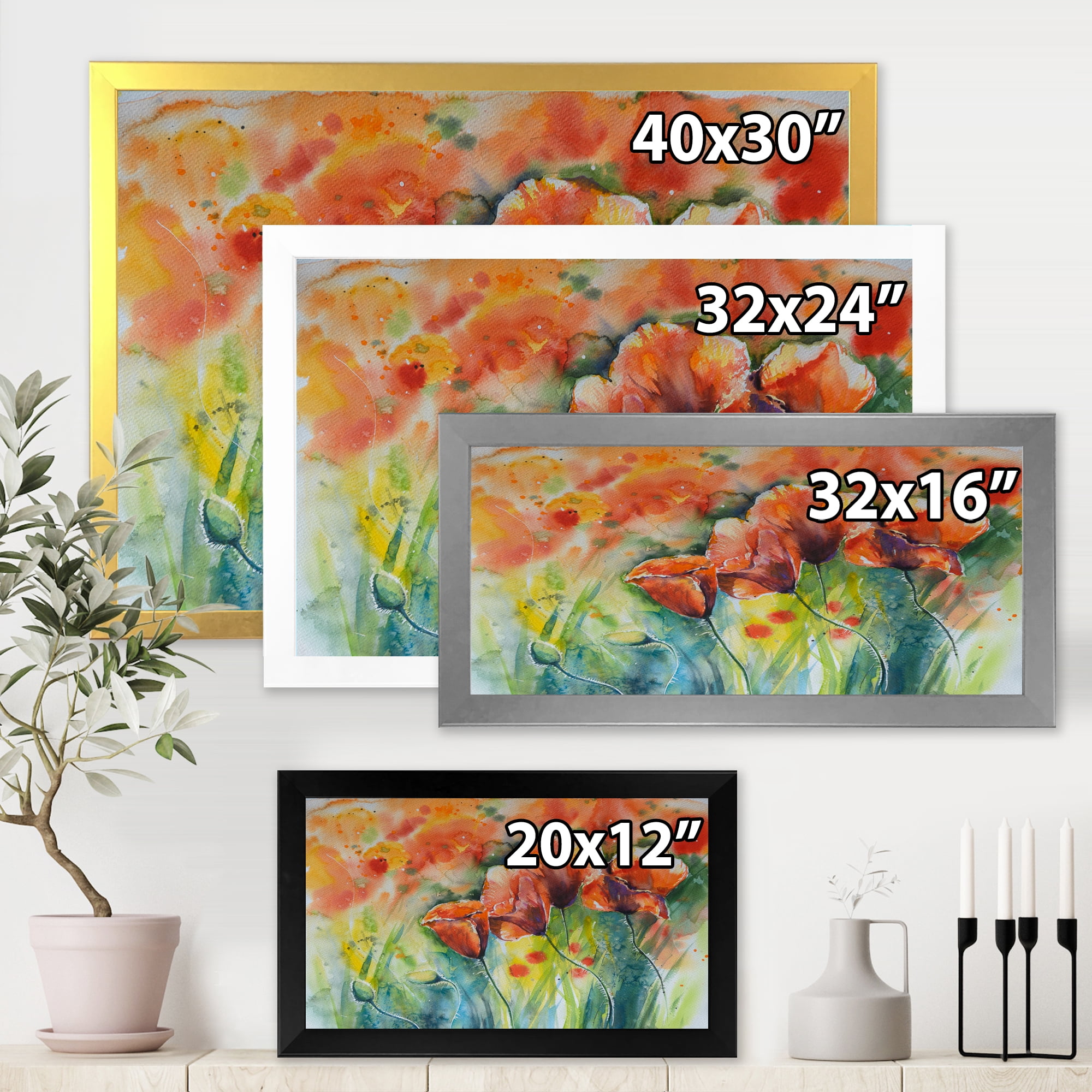 Designart 'Red Blossoming Poppies Over Wild Green IV' Traditional Framed Art Print