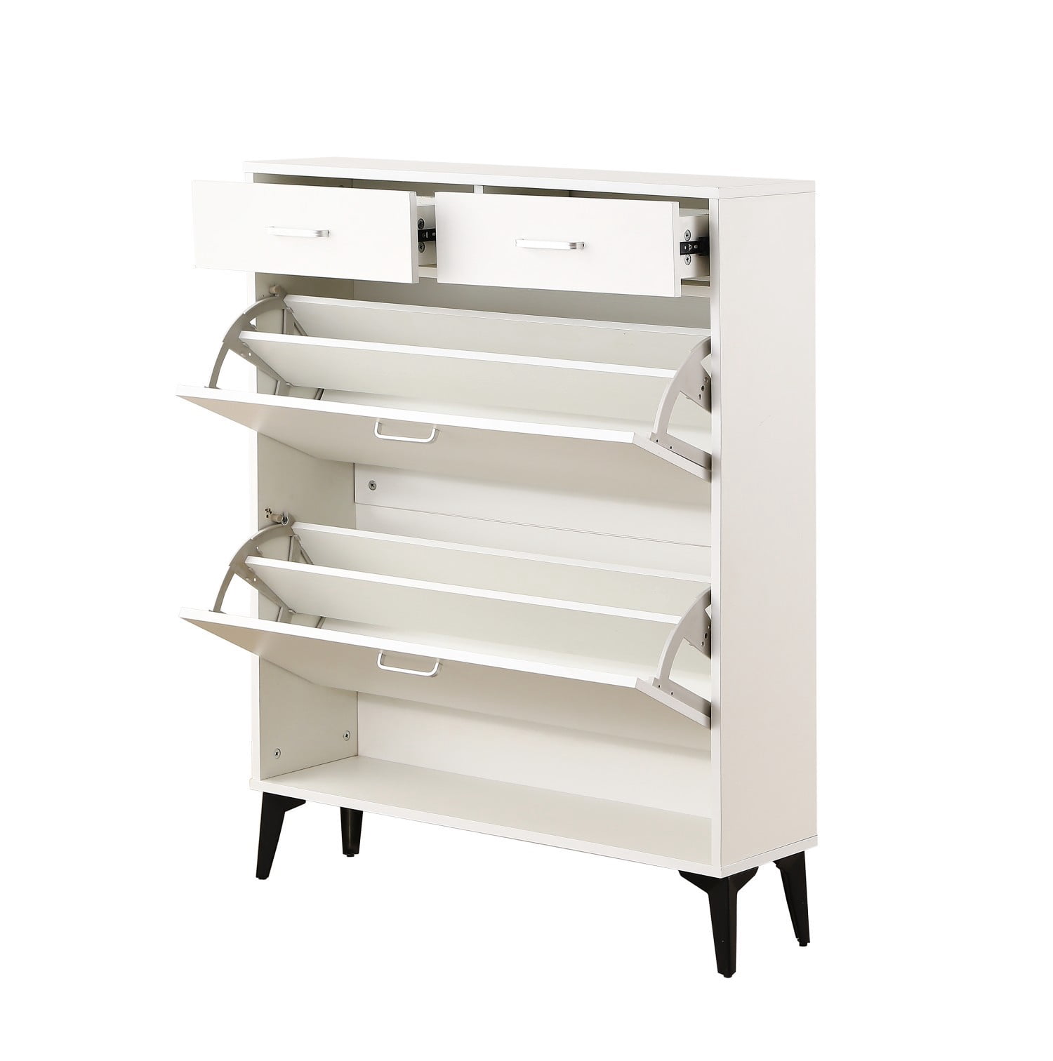 Large Shoe Cabinet, Free Standing Shoe Storage Organizer with 2 Flip Drawers & 2 Drawers, Slim Entryway Hallway Shoe Rack, White