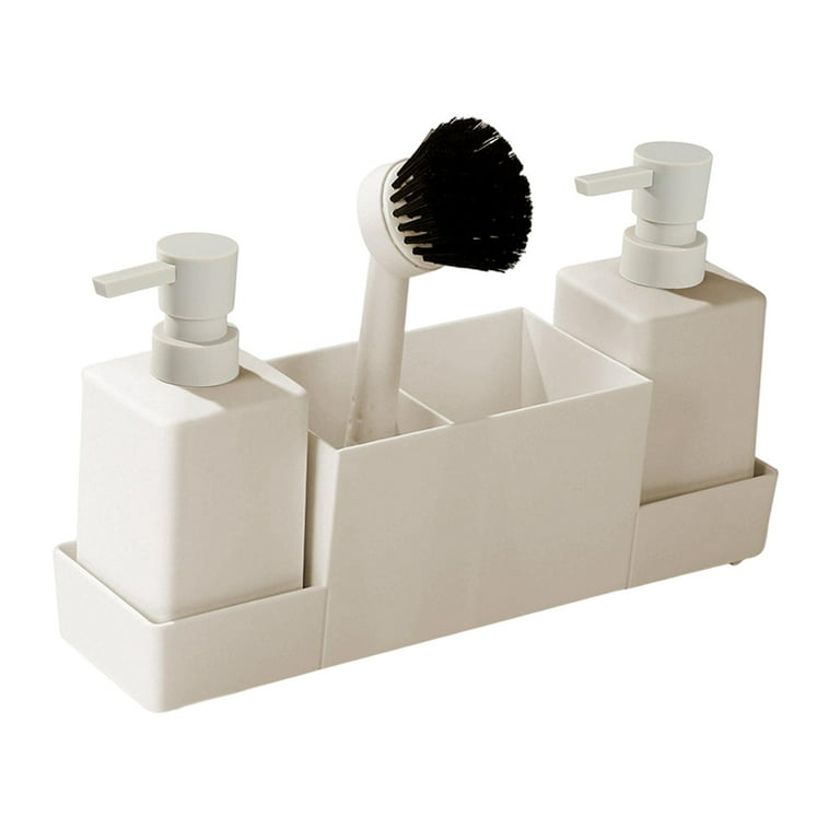 4X Kitchen Soap Dispenser with Sponge Holder, Liquid Hand Soap Dispenser, Non Slip Portable Soap Bottle Storage Tray, Brush Set for Sink Hotel Beige