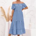 thumbnail image 1 of LOVZFMLL Women Sexy Shoulder Neck Short Sleeve Plaid Print Flowy Dress Blue S, 1 of 8