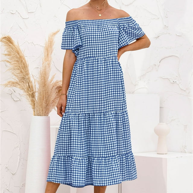LOVZFMLL Robe Fluide à Imprimé à Carreaux pour Femme, Aguichant, Épaules, Encolure, Manches Courtes, Bleu, P