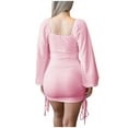 thumbnail image 4 of Women's Square Neck Dress Long Sleeve Drawstring Ruched Wrap Dress Casual Slim Fit Party Beach Mini Dresses, 4 of 7