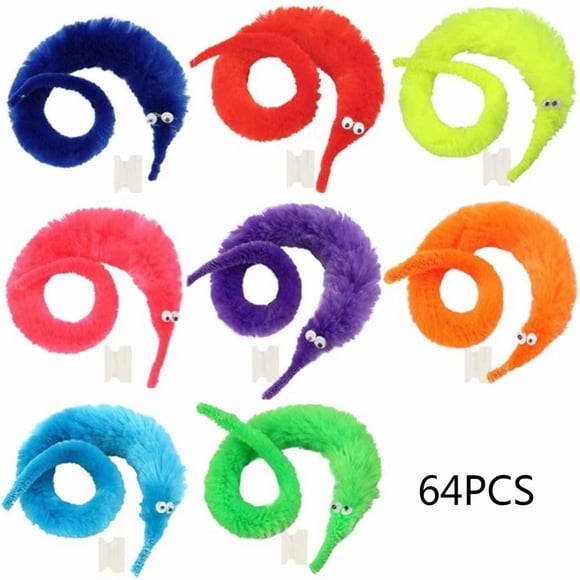 64pcs Magic Worm Toys, Worm On a String Magic Fuzzy Worm Trick Toy Party Favors (8 Colors)