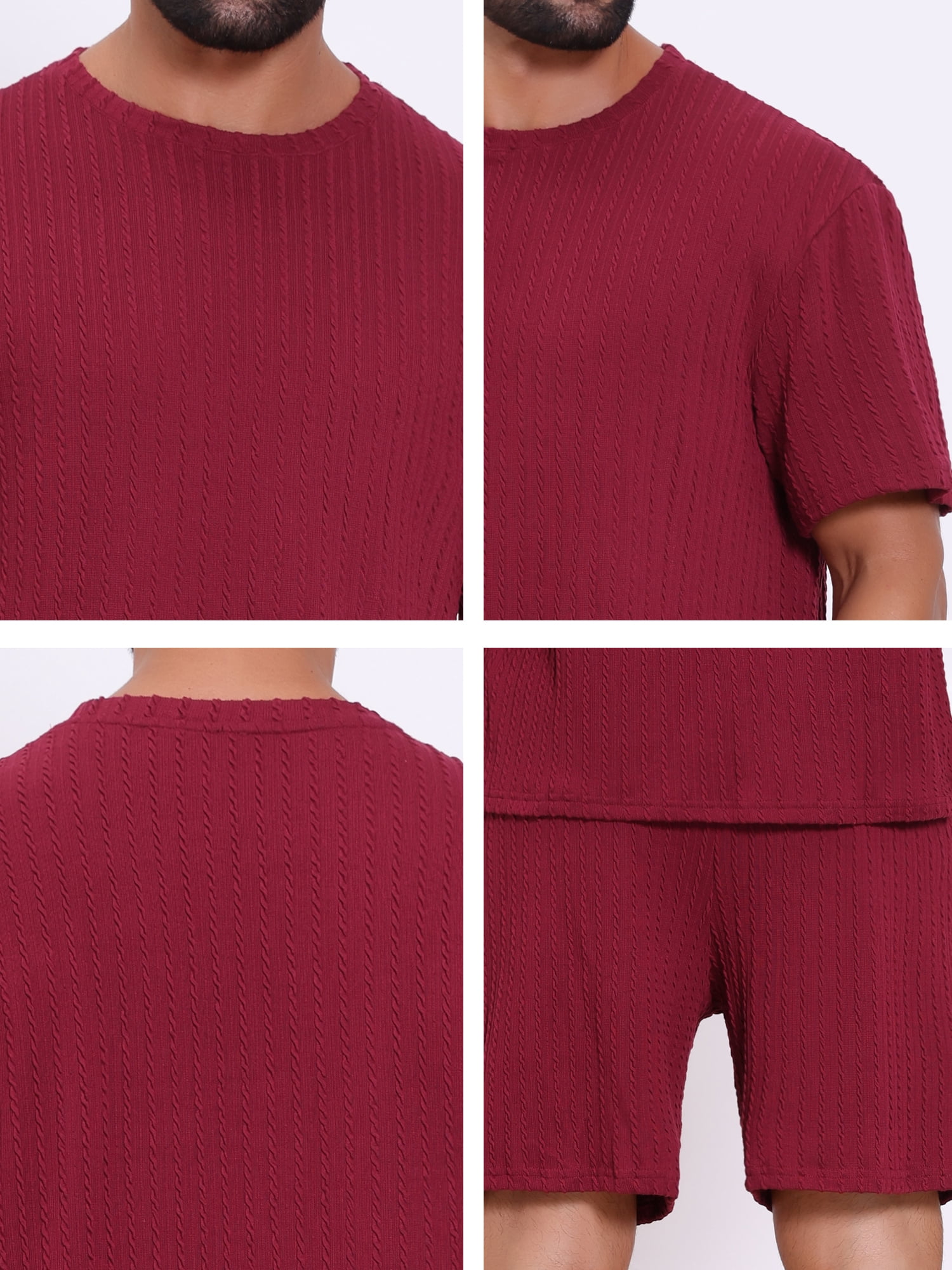 DARING DIVA Men's 2 Pieces Texture Crew Neck Shirt Top and Shorts Outfits 3XL Burgundy