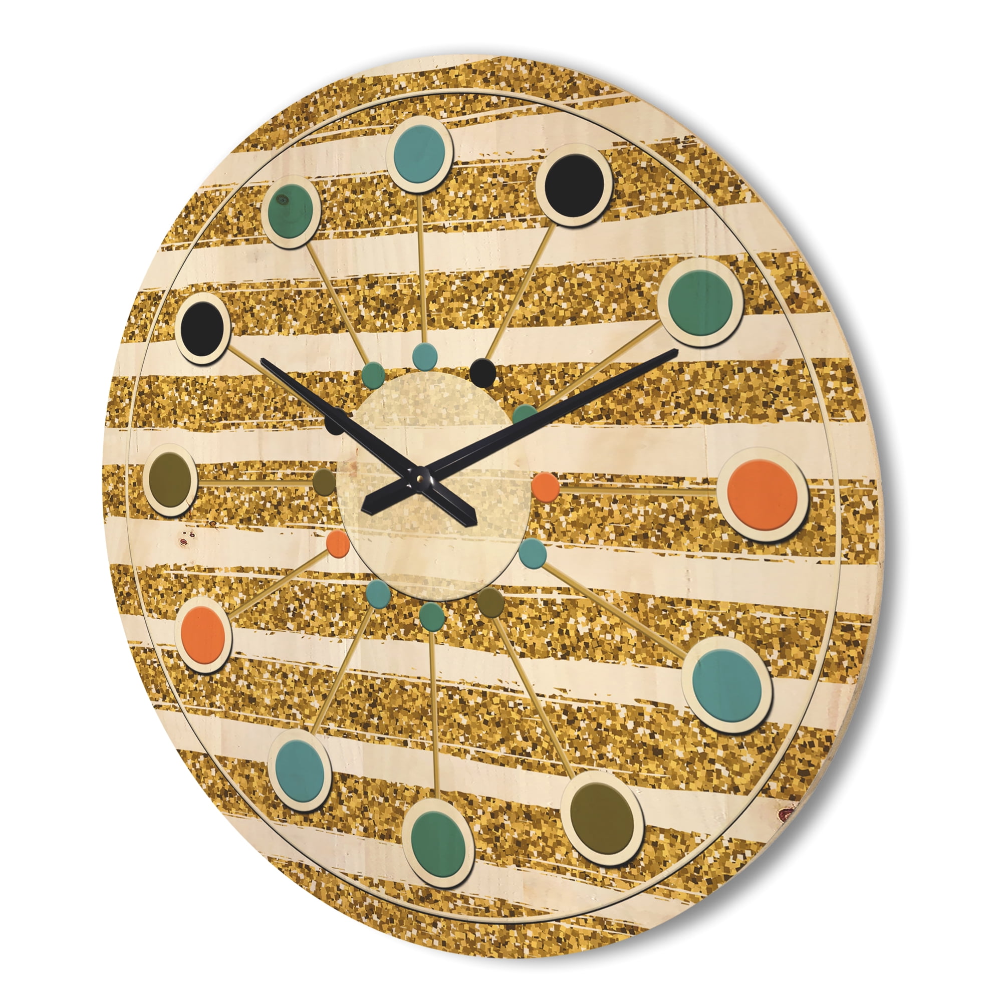 Designart 'Golden Cubics Horizontal Lines ' Mid-Century Modern Wood Wall Clock