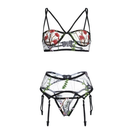 

Skpblutn Lingerie Flower Embroidery Bra Thong Sleepwear Underwear Women Lingerie Garter Black M
