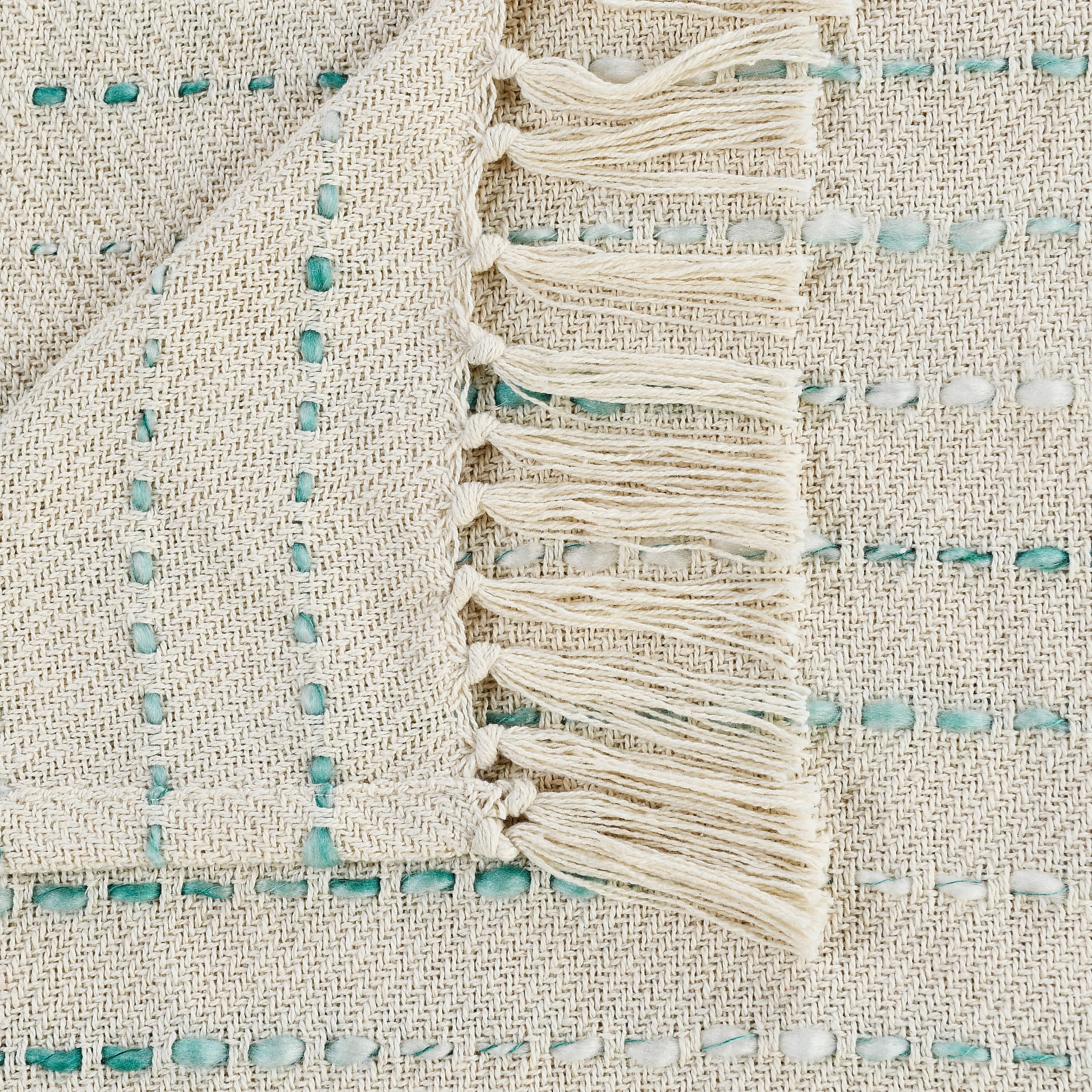 LR Home Melanie Teal/Cream Striped Embroidered with Fringe Adult Cotton Throw Blanket, 50" x 60"