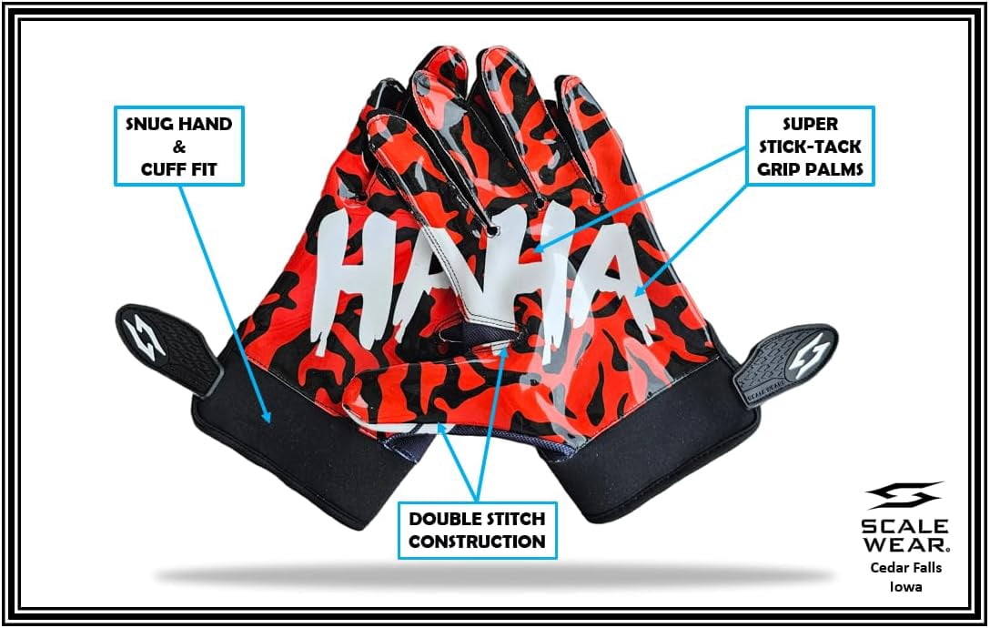 Joker Football Gloves Wide Receiver Jester Sticky Tacky Elite Pro Grip Super Sports Palms Performance Boost Game Skin Tight Kids Boys Sizes Youth Adult Men Wide Villain Battle America (Youth Large)