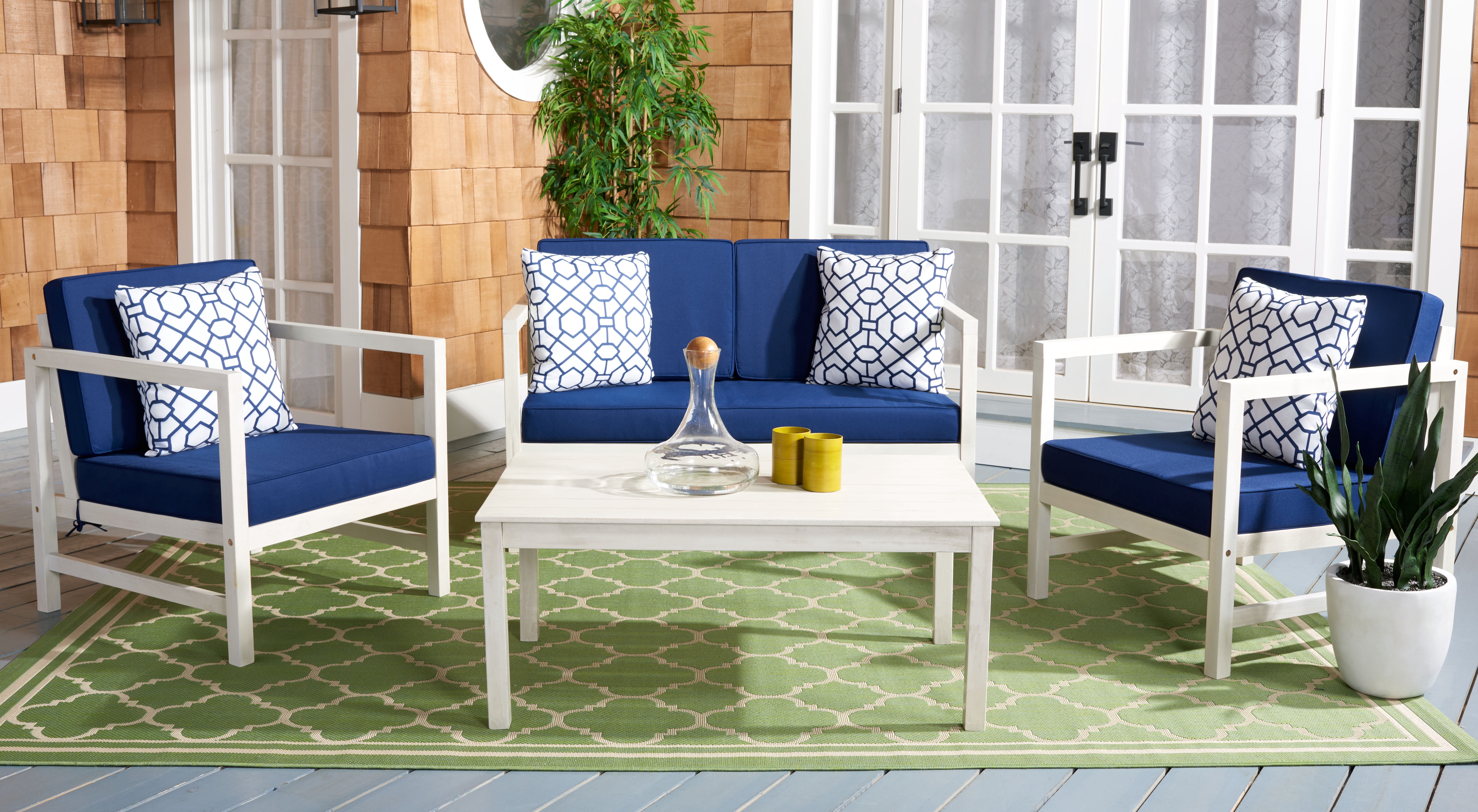 SAFAVIEH Montez Outdoor 4 Pc Conversational Set, White/Navy