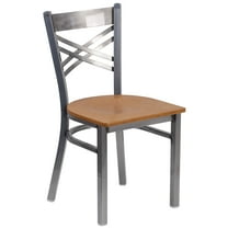 Flash Furniture HERCULES Series Silver Antique Finish with Clear Coat ''X'' Back Metal Restaurant Chair - Natural Wood Seat
