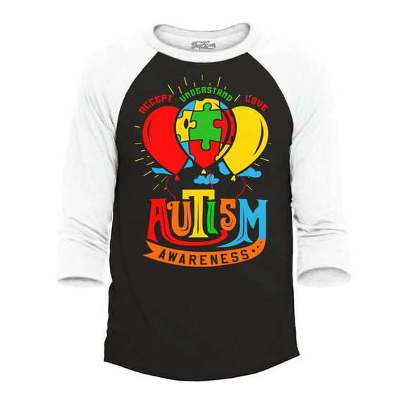 Shop4Ever Men's Autism Awareness with Balloons Raglan Baseball Shirt X-Small Black/White