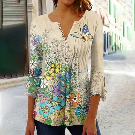 

Summer Tops Saving! ITSUN Women Tops Trumpet 3/4 Sleeve Printed Buttoned Basic Ruched Corset Tunic Tops Pleated Blouses Beige L