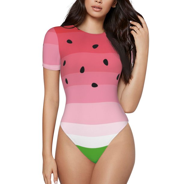 Balery Watermelon Body de cuello redondo de manga corta para mujer Tops de manga corta Tops básicos-Large