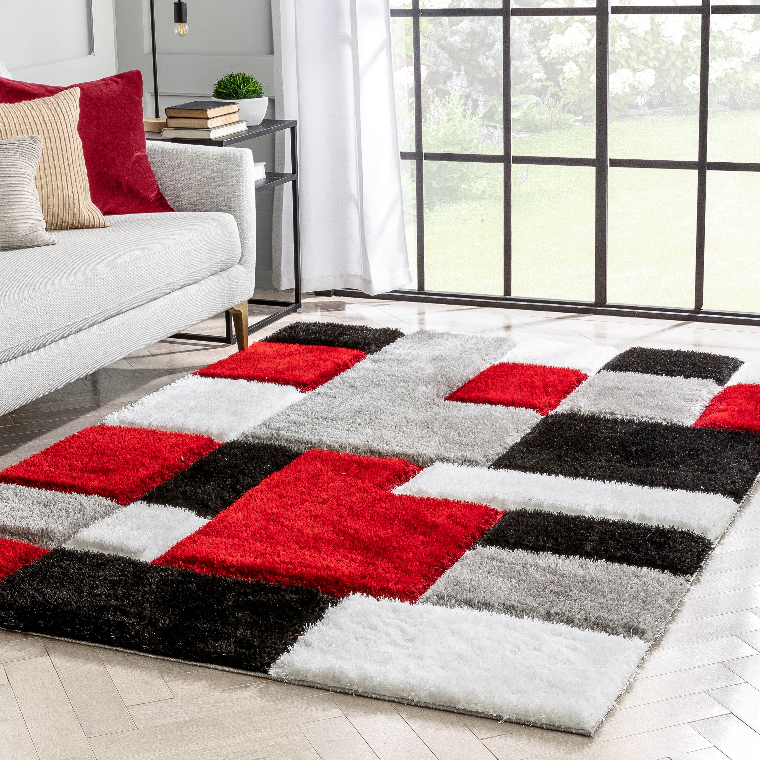 Well Woven San Francisco Escondido Red Modern Geometric Squares 5'3" x 7'3" Shag 3D Textured Area Rug