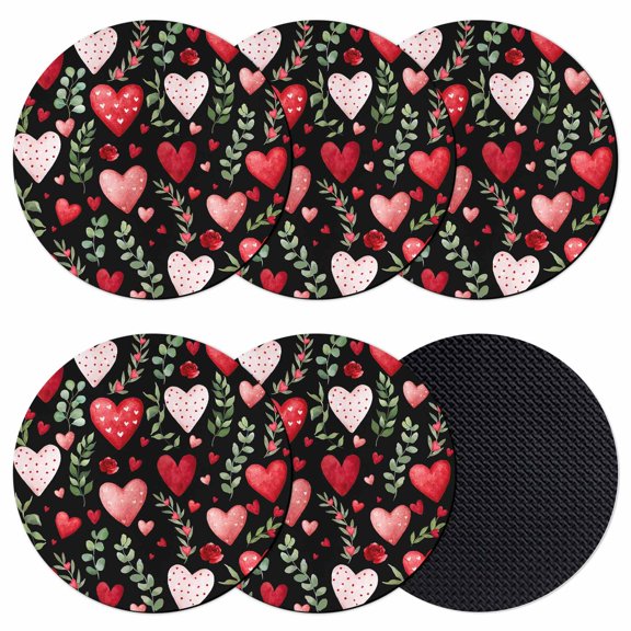 Valentines Coasters Set of 6, Absorbent Coasters for Drinks, Pink Red Love Heart Green Botanical Black Coaster for Desk Coffee Table Protection, Home Decor House Warming Gifts 4"