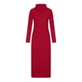 thumbnail image 5 of KIHOUT Robe Maxi Femme Couleur Unie Col Haut Manches Longues Patchwork Poches Grand Ourlet Longue Jupe, 5 of 5