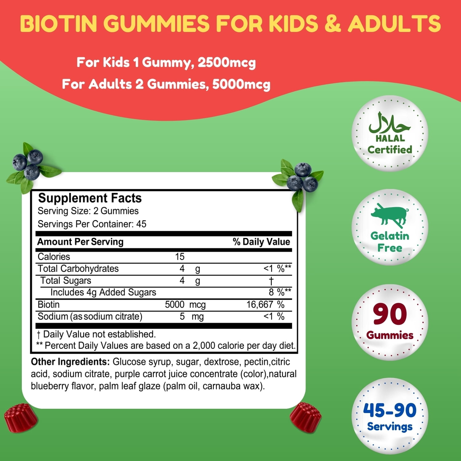 Vegan High Potency Hair Growth Biotin Gummies 5000 mcg For Women Kids Men | 90 Ct, 45 Servings, Non-GMO | Hair, Skin and Nails Gummy Vitamins & Prevents Hair Loss | Halal Vitamins | SHIFAA NUTRITION