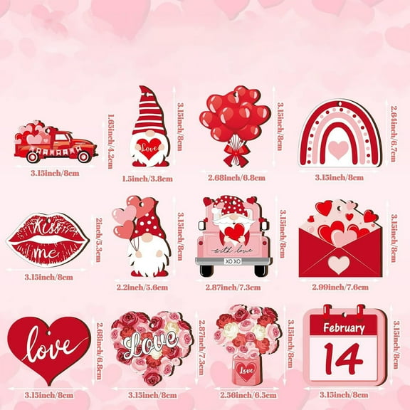 24pcs Valentine's Day Wood Hanging Ornament, Heart Gnome Valentine's Day Ornaments with Ropes, Exquisite Design for Tree Decoration, Valentine Party Decor for for Holiday Home Indoor Decorations