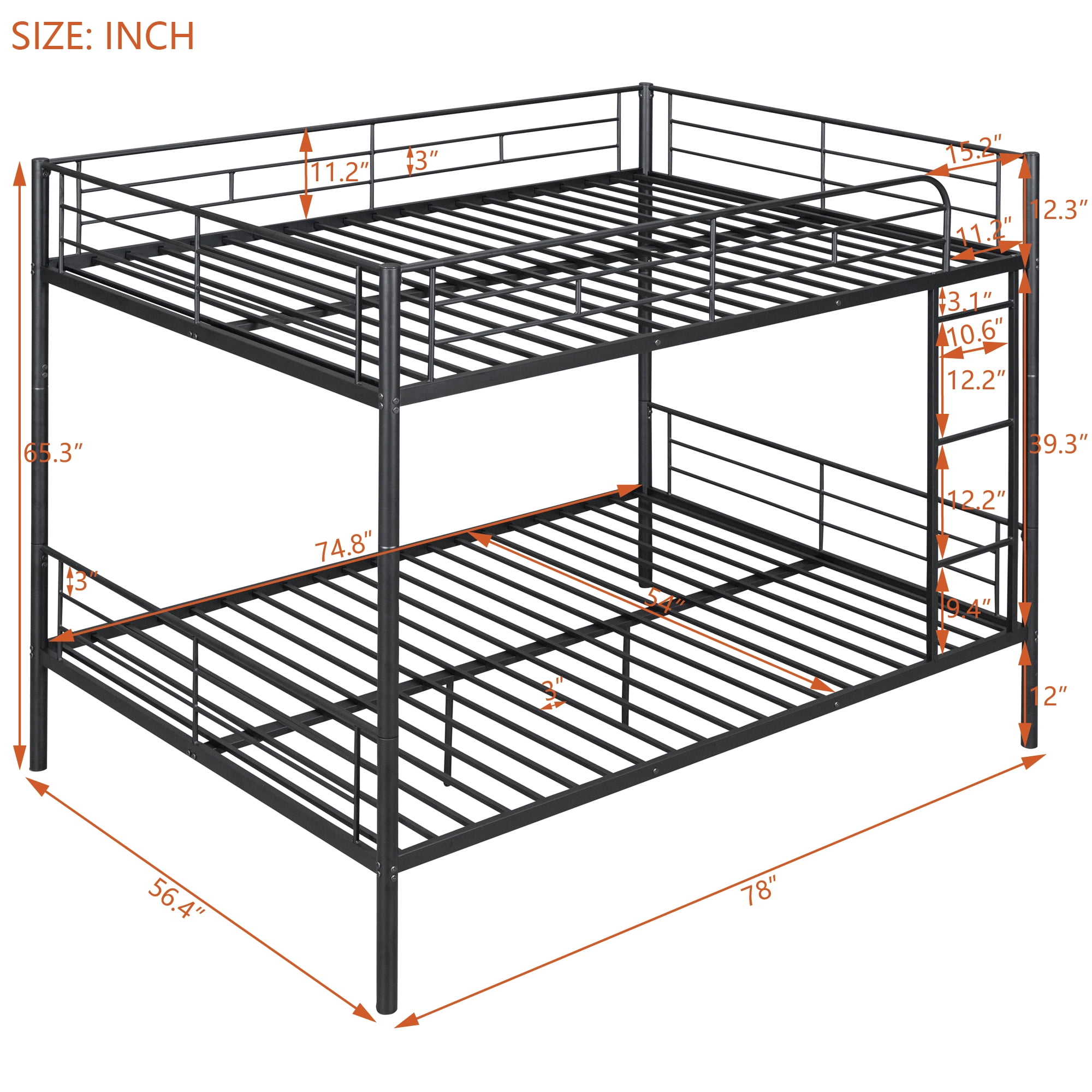 DEALTOPS Full Over Full Metal Bunk Bed, Metal Bedframe with Ladder and Guardrail, Black
