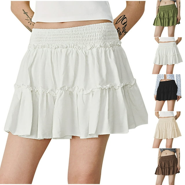 Sentmoon Mini Skirts for Women Plus Size High Waist Boho Tennis Skirts for Women Pleated Beach Solid Color Loose Breathable Flowy Skirts for Women Active Summer for Party White XL