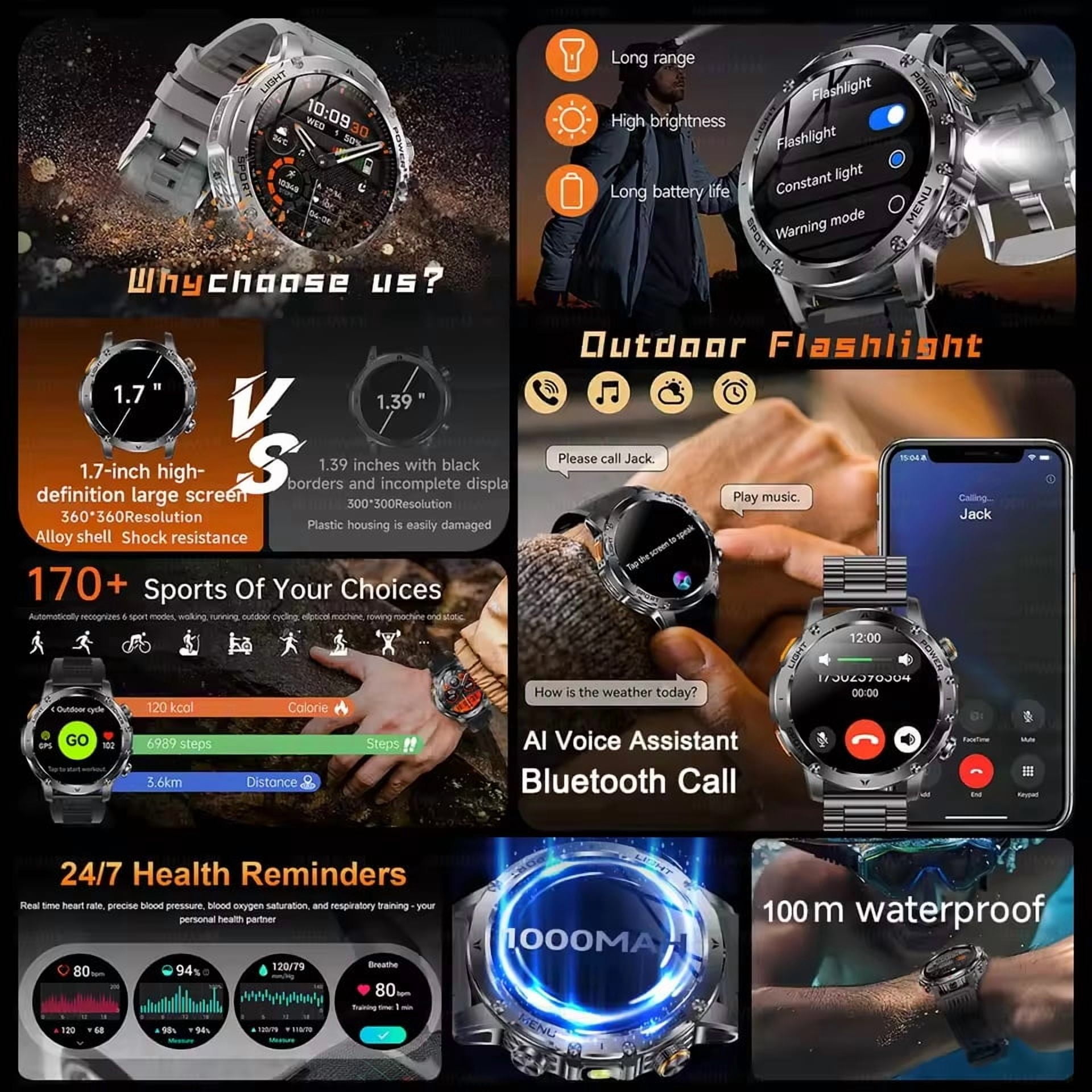 New Military T-Rex 3 Ultra 1000mAh Battery Smart Watch 5ATM Waterproof Flashlight  Sports tracker Smartwatch Men