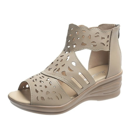 

SEMIMAY Fashion Summer Women Sandals Wedge Heel Thick Sole Fish Mouth Hollow Casual Zipper Khaki