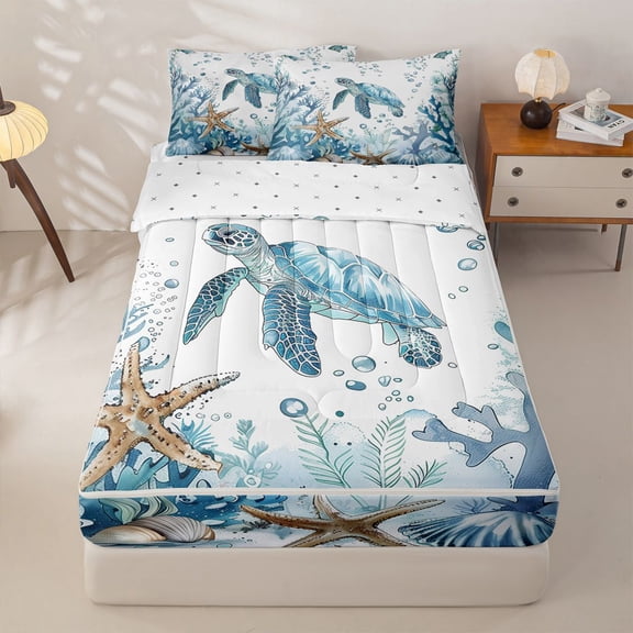Manfei Watercolor Blue White Sea Turtle Zipper Full Size Comforter Sets with Fitted Sheet and 2 Pillowcases for Kids Boys and Girls, Starfish Coral Zipper Bedding Set, Reversible, 4pcs