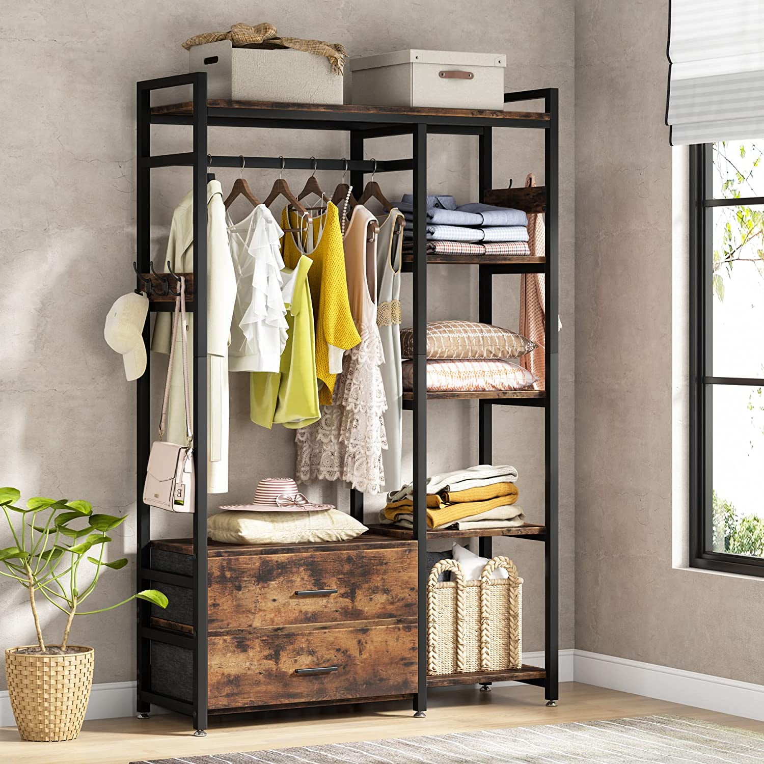 Freestanding Closet Organizer Heavy Duty, Closet Clothes Organizer,  Freestanding Closet Organizer System, Holds 200 Lbs Metal Closet Rack,  Clothes Rack, Rustic Brown, 46.3 x 15.7 x 72.6 