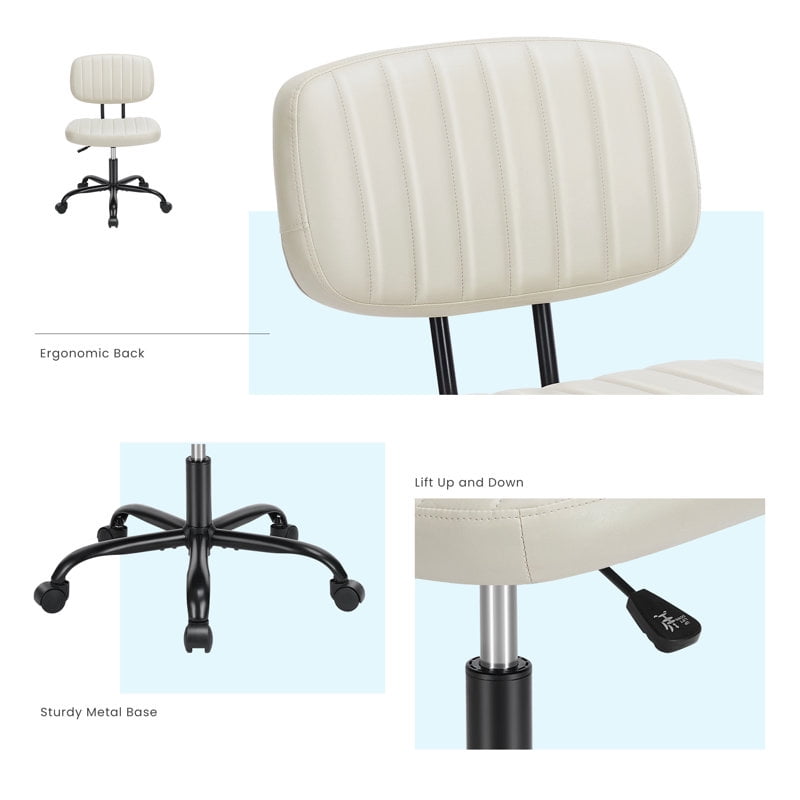 Desk Chair, Armless Activity Chair with Wheels, Comfy Low Back Swivel Task Chair, White