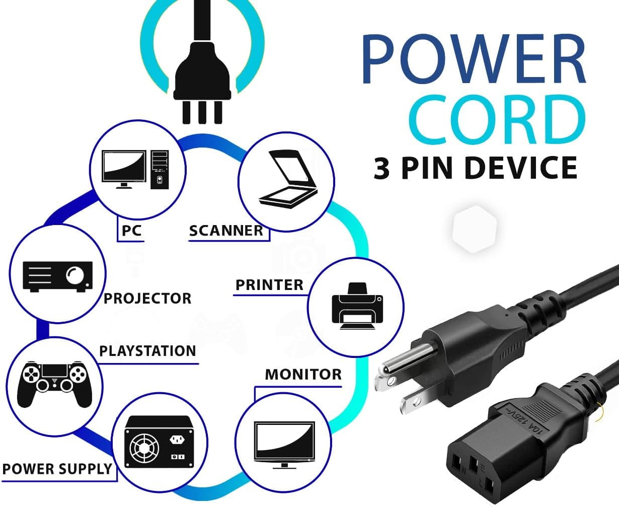 Standard 5FT 3 Prong Power Cord High Quality Universal US Power Cable For Electronics, TV, Computer, Appliance