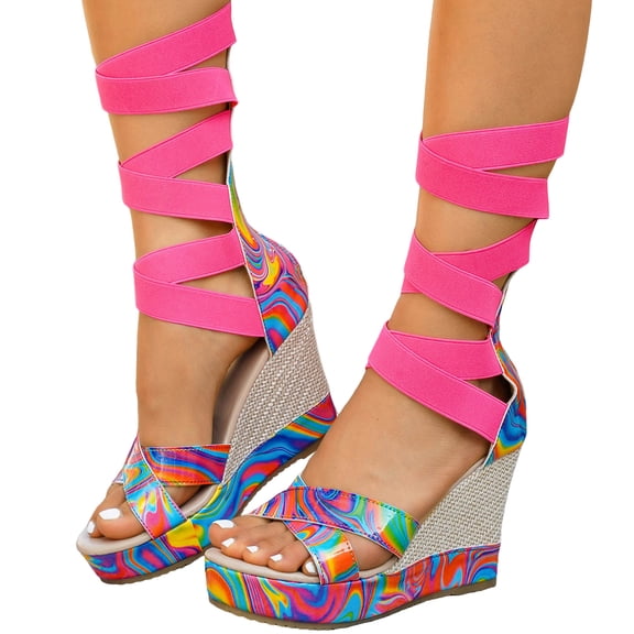Knee High Strappy Wedge Sandal for Women with Back Zipper Open Toe Elastic Strap Platform Heels Walking Shoes Pink Size 8.5