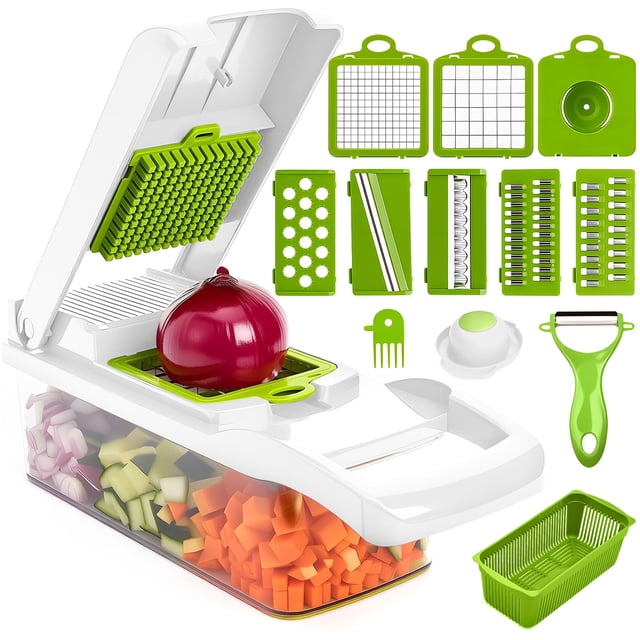 Cortador de Verduras, Todo 12 en 1 Picador Rallador de Verduras Multifuncional con Contenedor, Pelador, 6 Cuchillas de Acero Inoxidable, Rayadores de Mandolina de Cocina para Papas y Cebolla(Blanco)