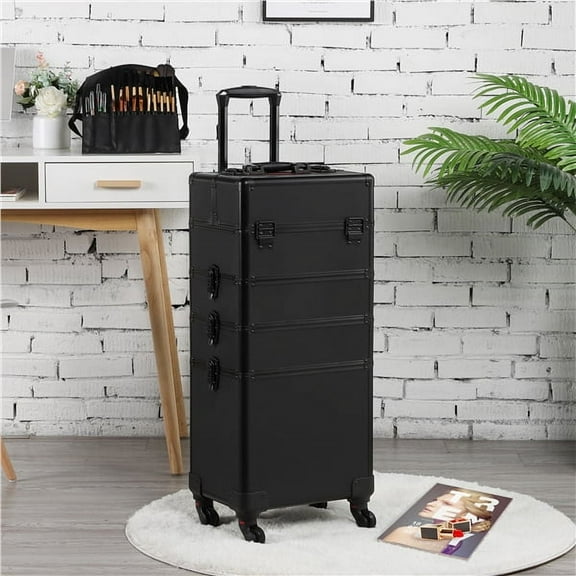 Renwick Professional 4-in-1 Aluminum Cosmetic Case Large Capacity with Brush Bag Black